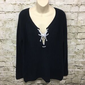 525 America Blue Ribbed Tie Up Sweater